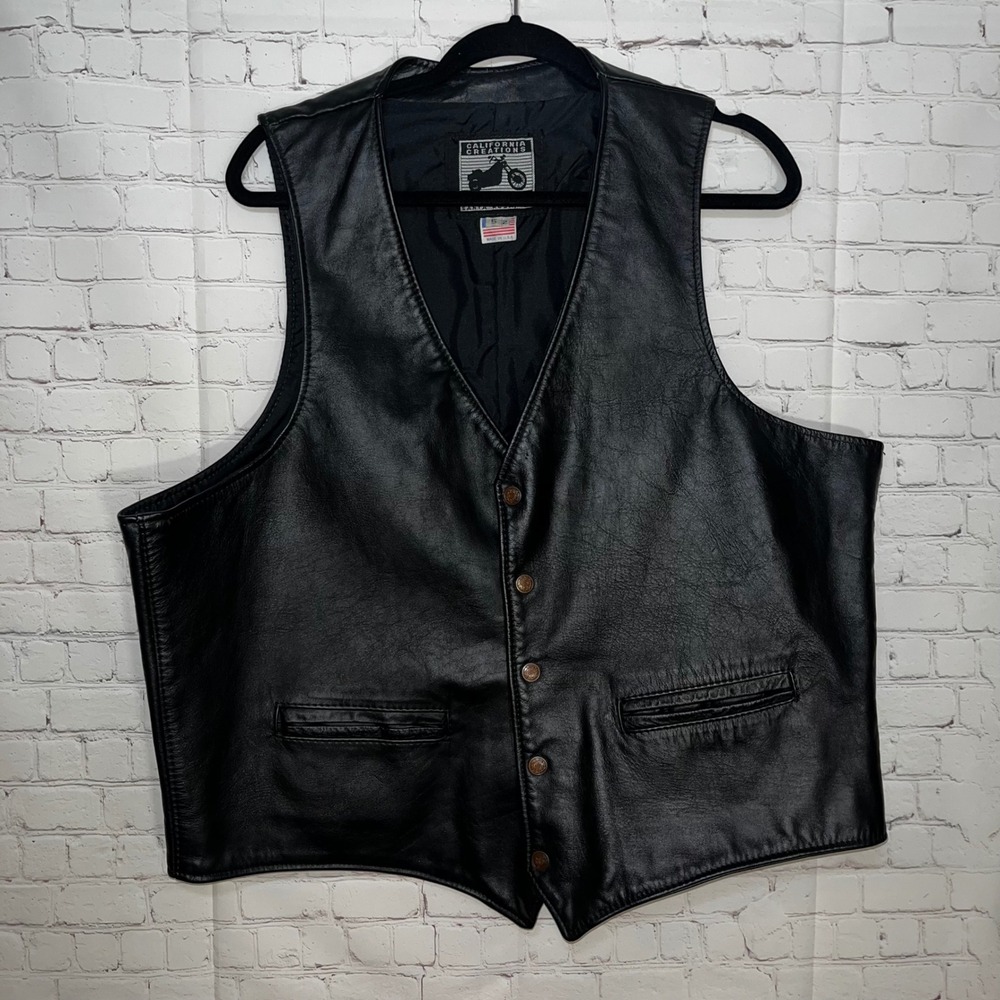 Vintage 90s Leather Biker Vest 52 XXL USA Black Motorcycle Western‎ Moto Core